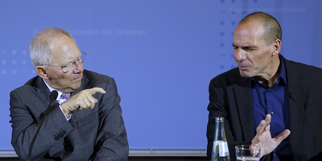 Greek Finance Minister Varoufakis and German Finance Minister Schaeuble address news conference at the finance ministry in Berlin