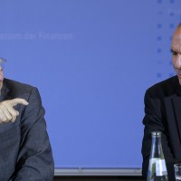Greek Finance Minister Varoufakis and German Finance Minister Schaeuble address news conference at the finance ministry in Berlin